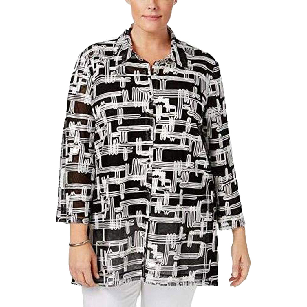 JM Collection Black / White 3/4 Sleeve Button Front Mesh Jacket Plus Size