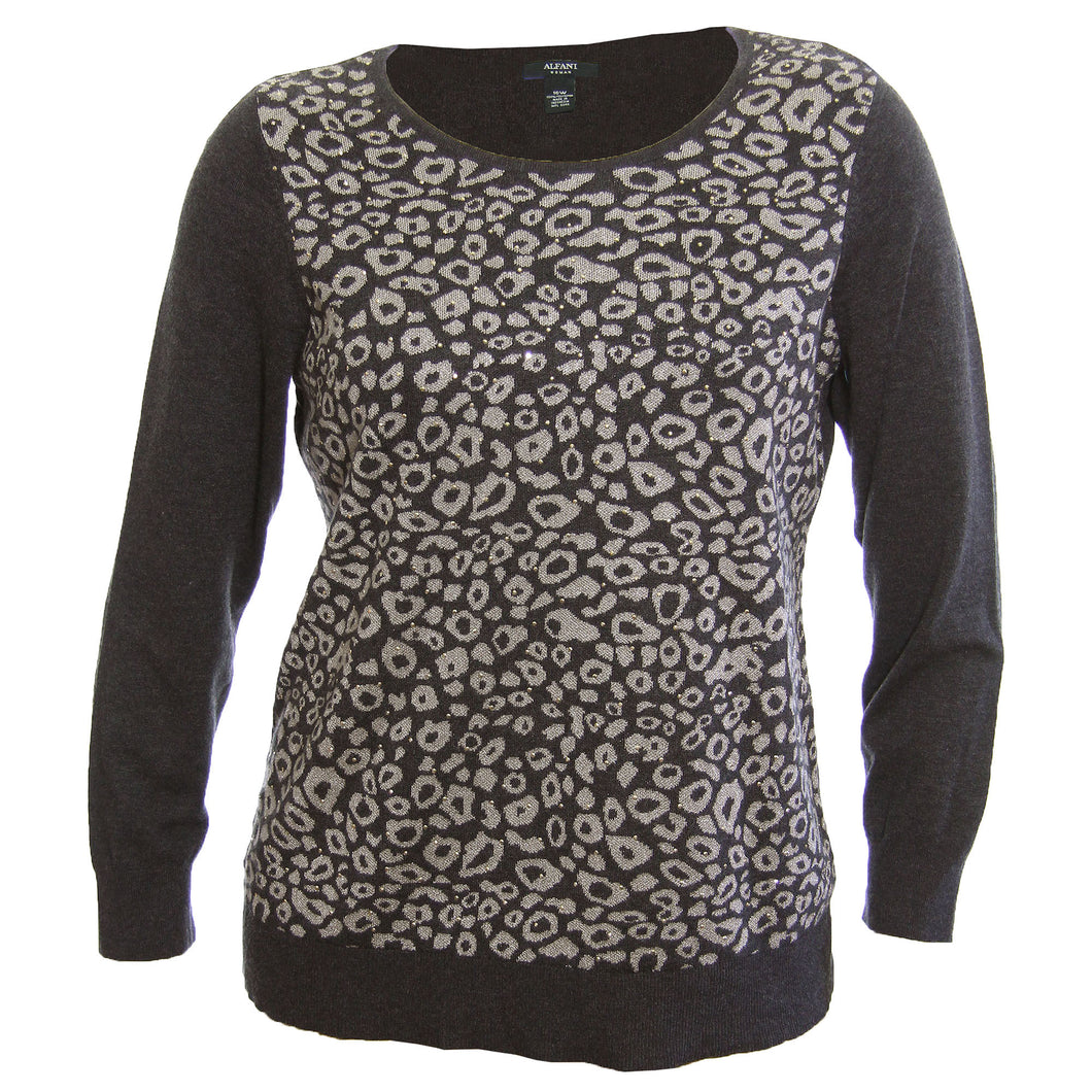 Alfani Multi Color Animal Long Sleeve Scoop Neck Embellished Sweater