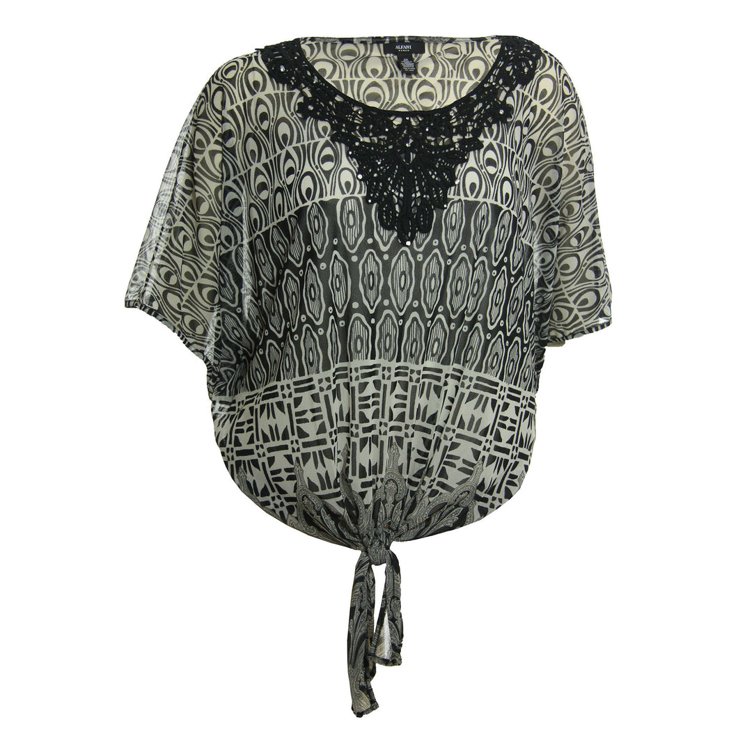 Alfani Multi Color Print Short Sleeve Tie Front Crochet Blouse
