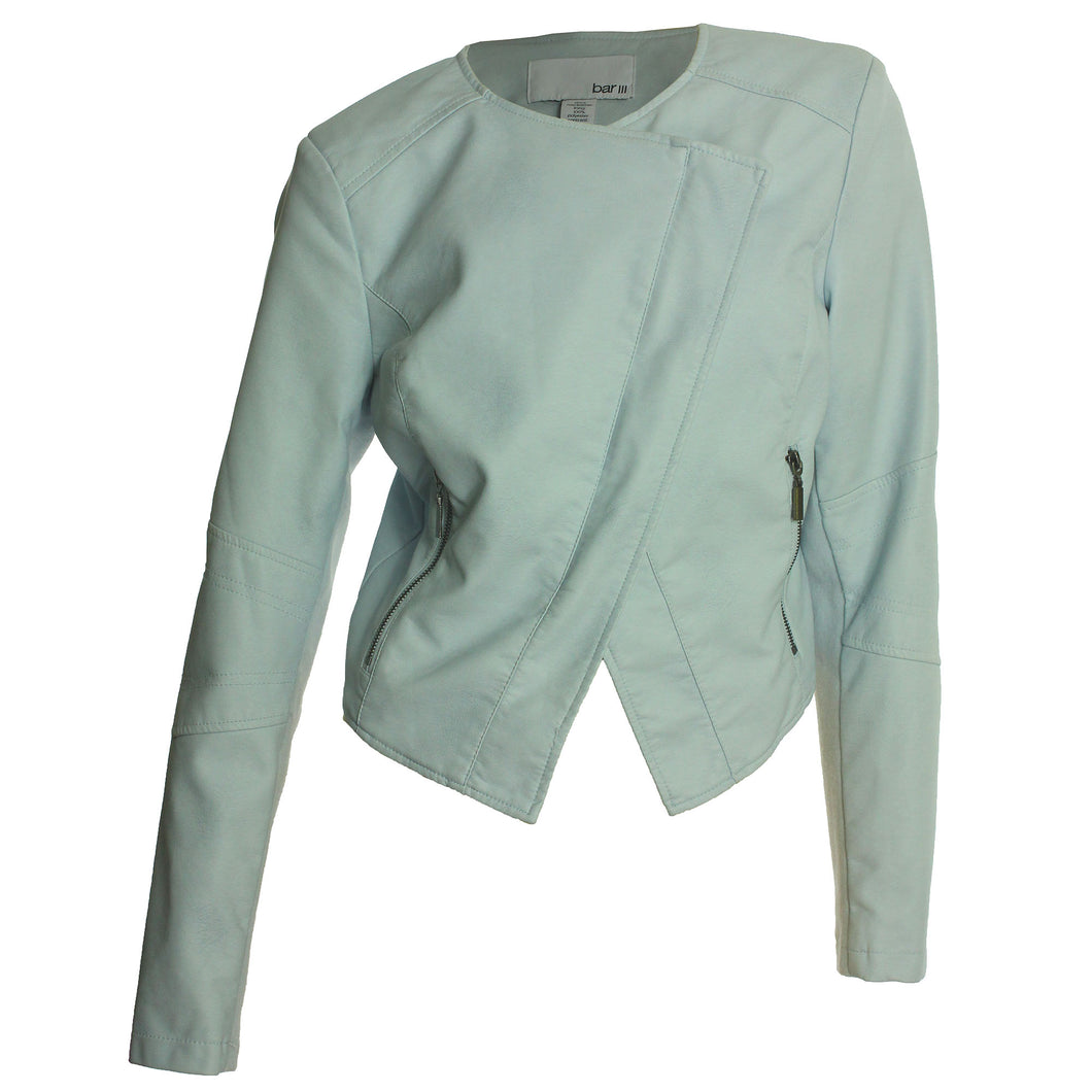 Bar III Blue Long Sleeve Asymmetric Hem Faux Leather Moto Jacket
