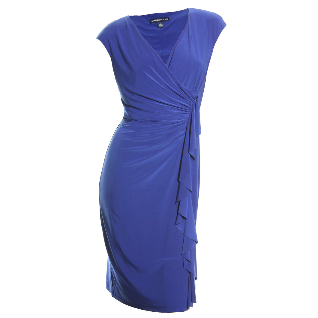 American Living Blue Cap Sleeve Ruched Drape Ruffle Dress