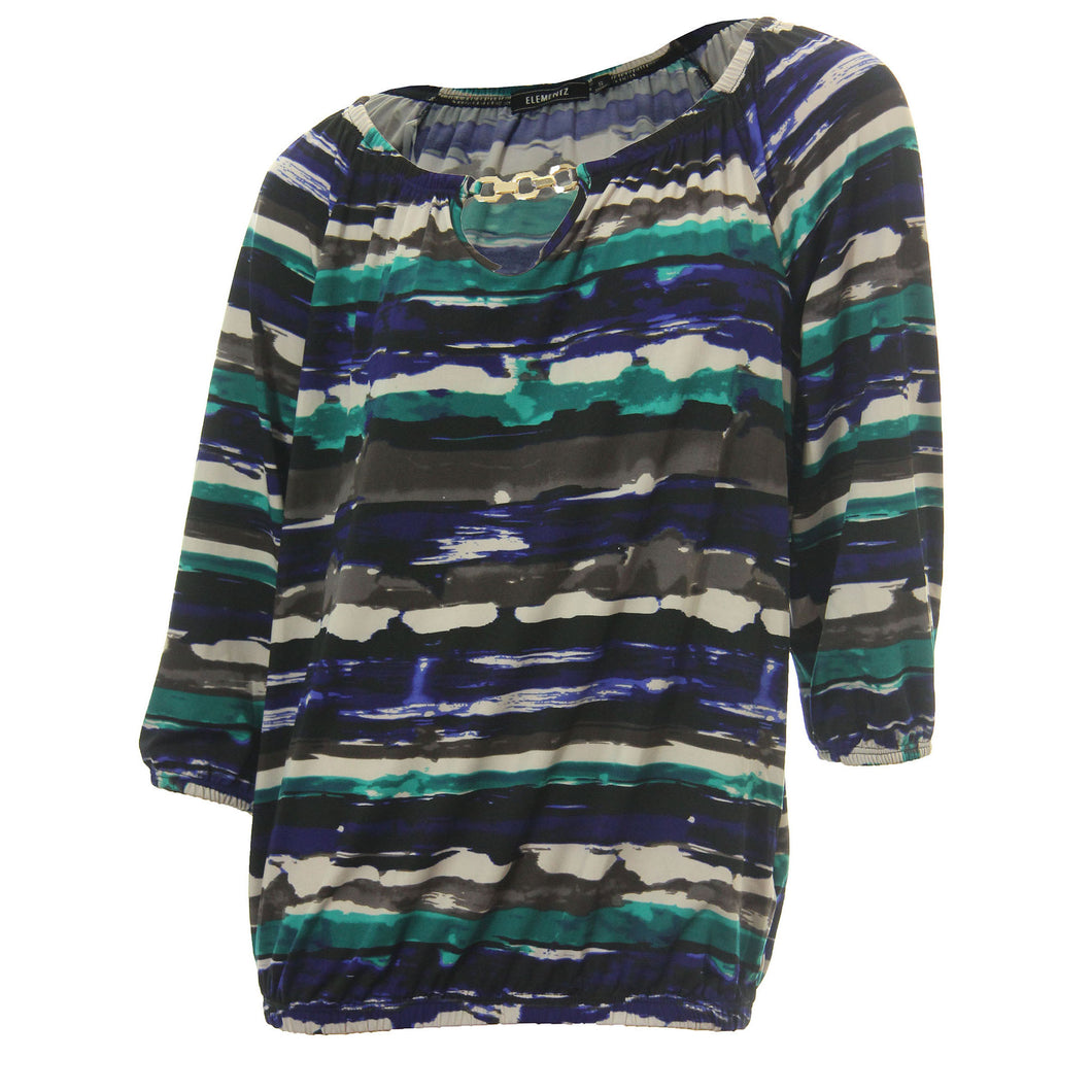 Elementz Multi Color Print 3/4 Sleeve Hardware Cutout Peasant Top Blouse