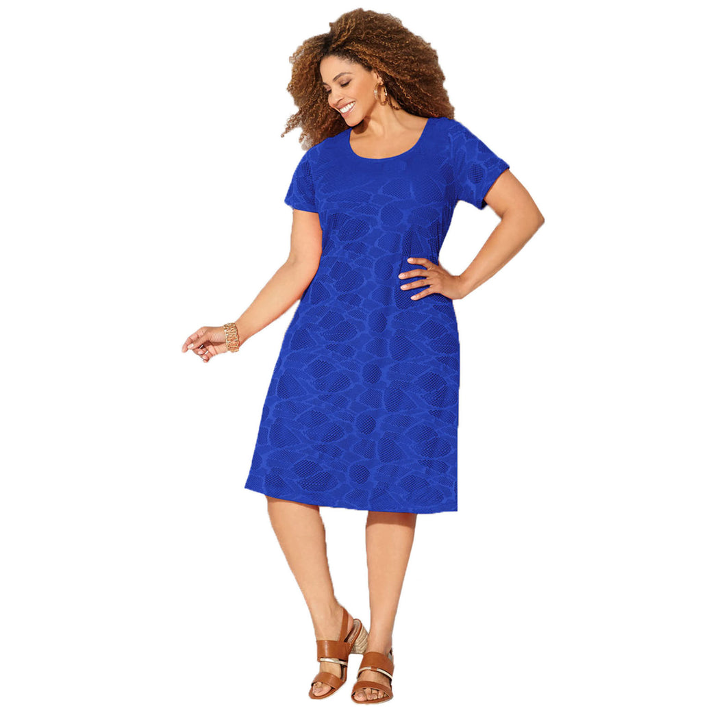 Avenue Blue or Coral Short Sleeve Scoop Neck Crochet Sheath Dress