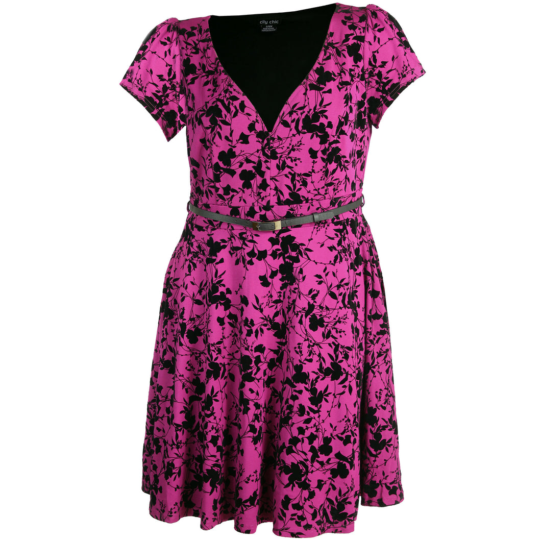 City Chic Floral Print Short Sleeve Belted Fit & Flare Dress Plus Size