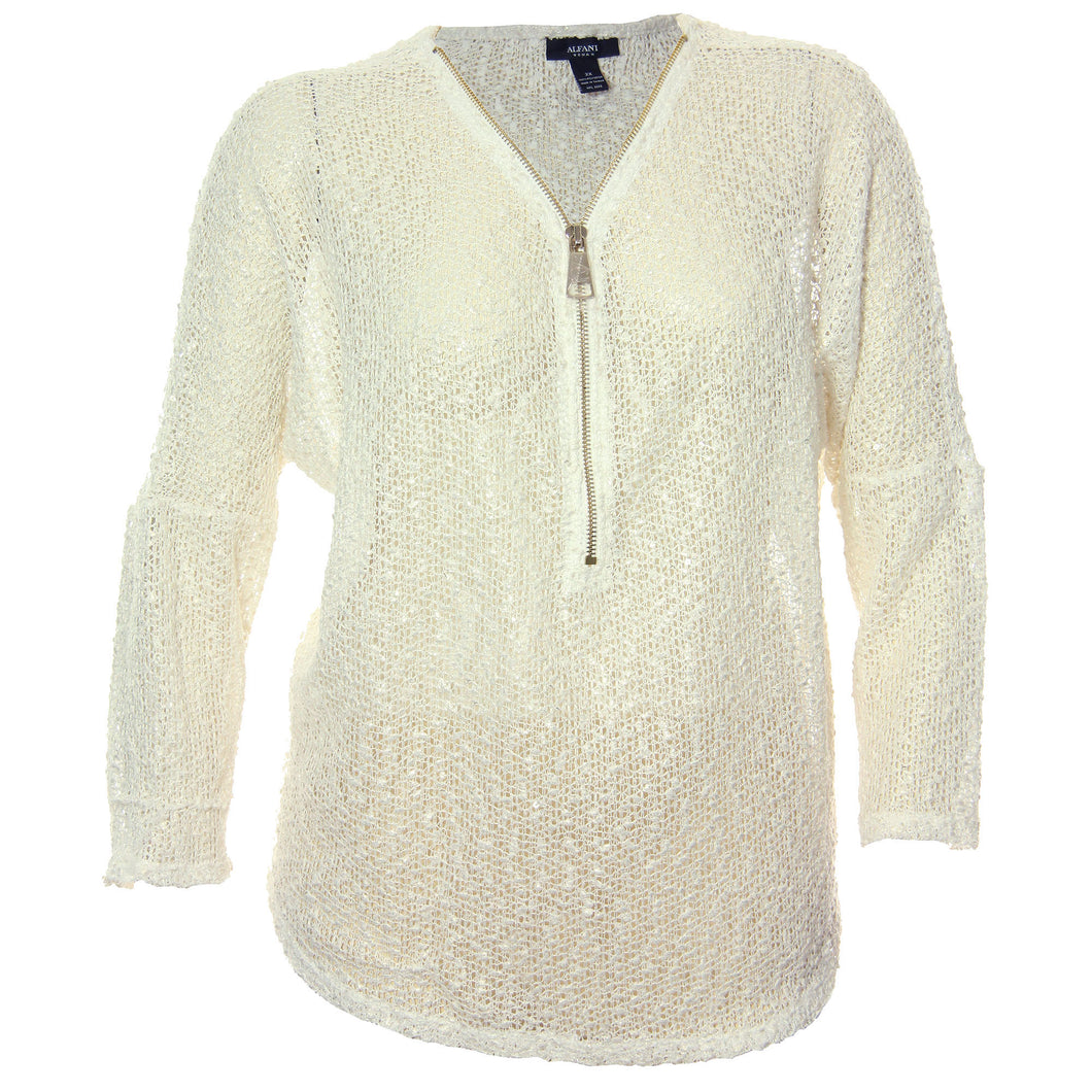 Alfani White Shimmer Long Sleeve Open Weave Shirt