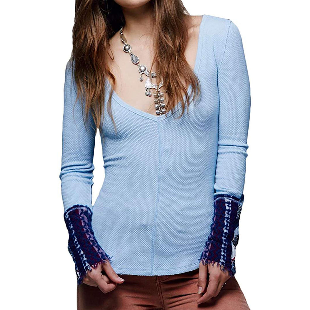 Free People Blue Long Sleeve Contrast Trim Textured Shirt