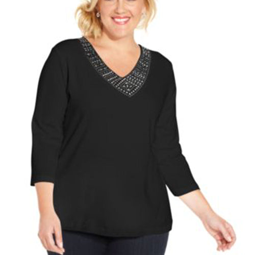Karen Scott Black 3/4 Sleeve Embellished Knit Top Plus Size