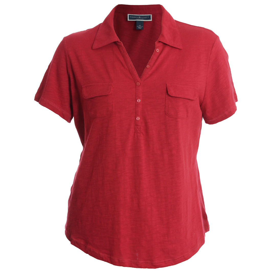 Karen Scott Red Short Sleeve Slub Henley Shirt