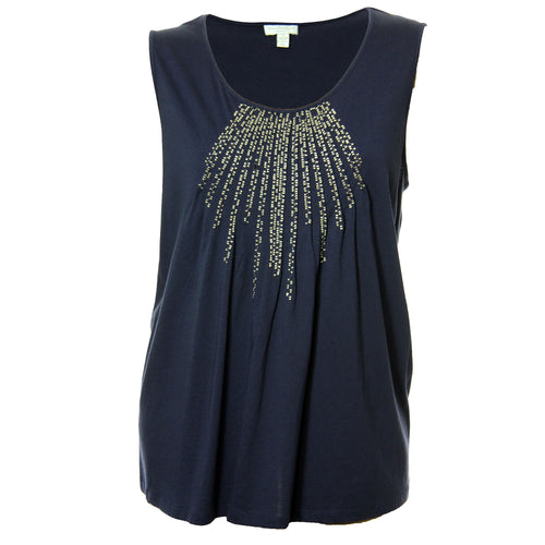 Charter Club Blue Sleeveless Pintuck Embroidered Knit Top Plus Size