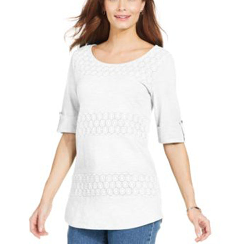 Charter Club White Elbow Sleeve Crochet Panel Top Plus Size