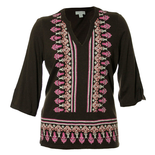 Charter Club Multi Color Print 3/4 Sleeve Bead Embellished Tunic Shirt