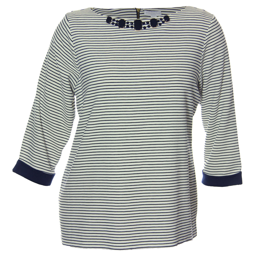 Charter Club Multi Color Striped 3/4 Sleeve Embellished Shirt