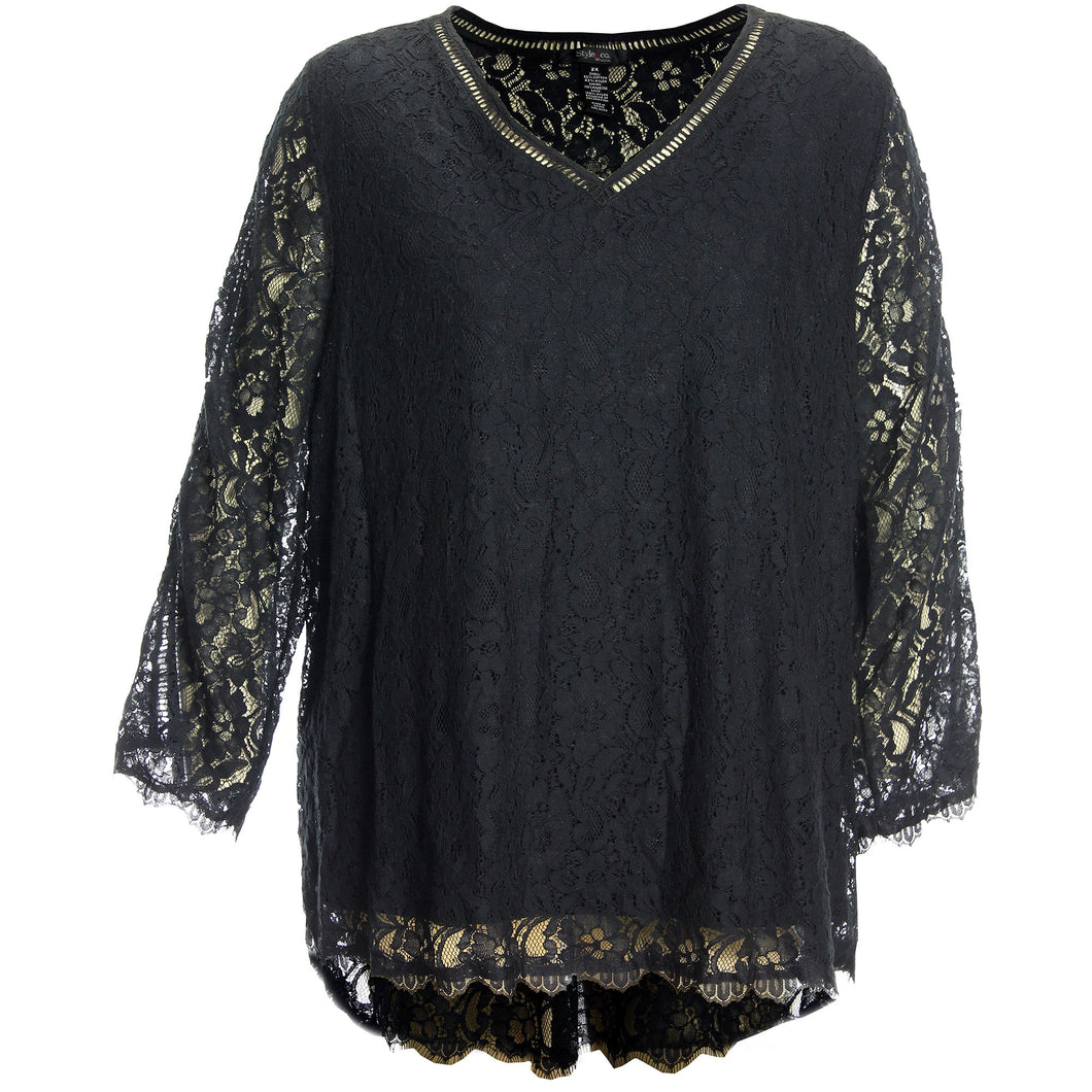 Style & Co. Black Lace Long Sleeve High-Low Hem Top