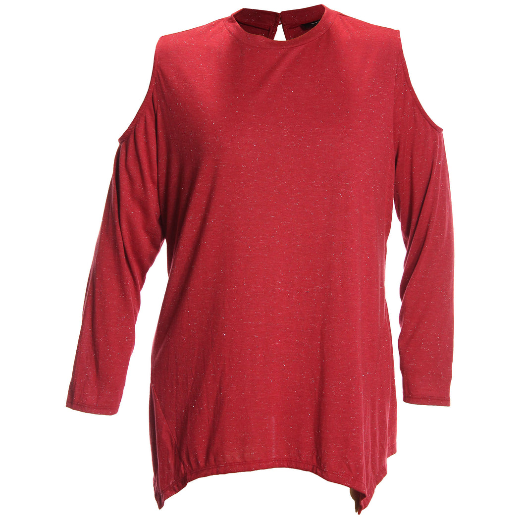 Style & Co Red Sparkle Long Sleeve Cold Shoulder Top