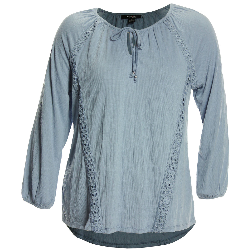 Style & Co Blue Long Sleeve Lace Trim High-Low Top