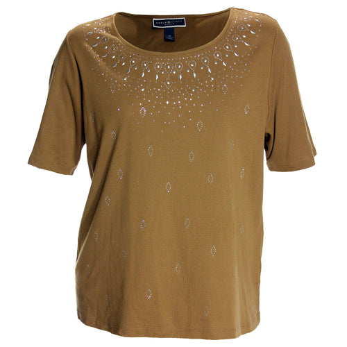 Karen Scott Blue or Tan Short Sleeve Stud Embellished Top