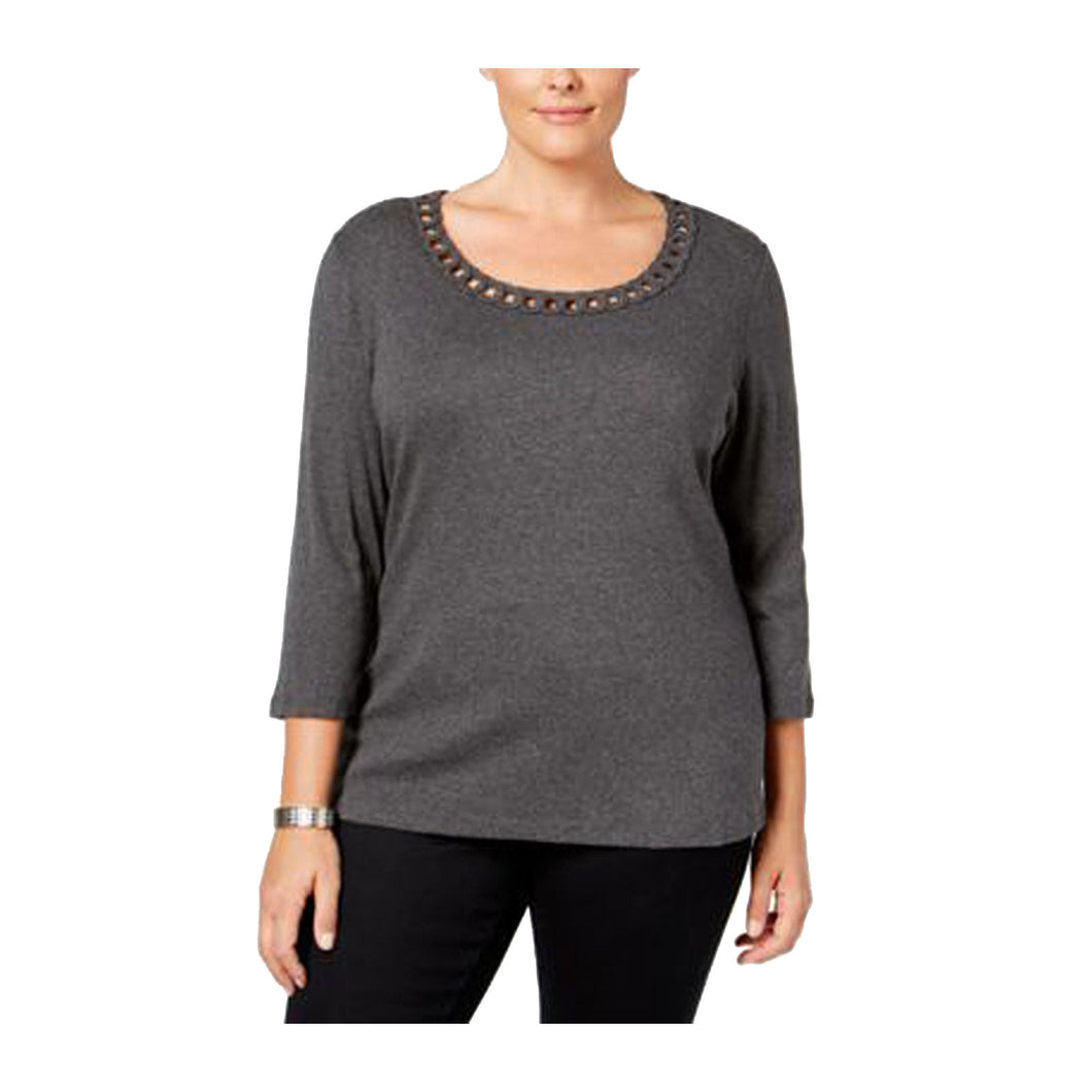 Karen Scott Gray 3/4 Sleeve Twist Front Scoop Neck Shirt Plus Size