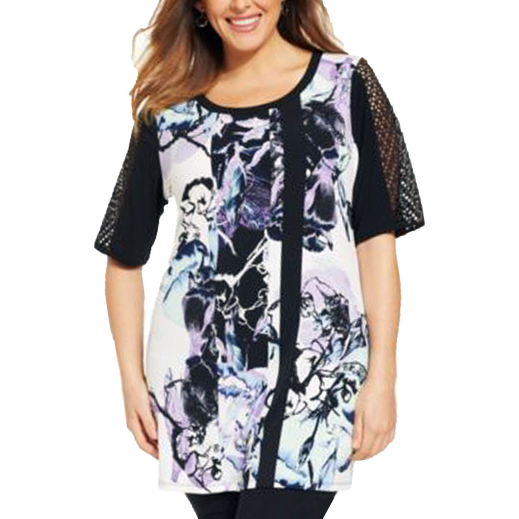 Style & Co Multi Color Floral Print Sheer Sleeve Tunic Length Knit Top Plus Size