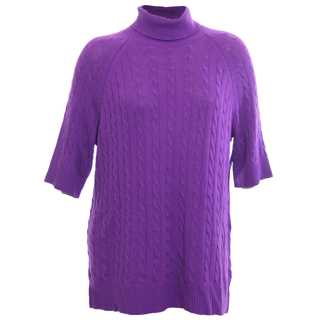 Ralph Lauren Purple 3/4 Sleeve Turtleneck Cashmere Wool Cable Knit Sweater