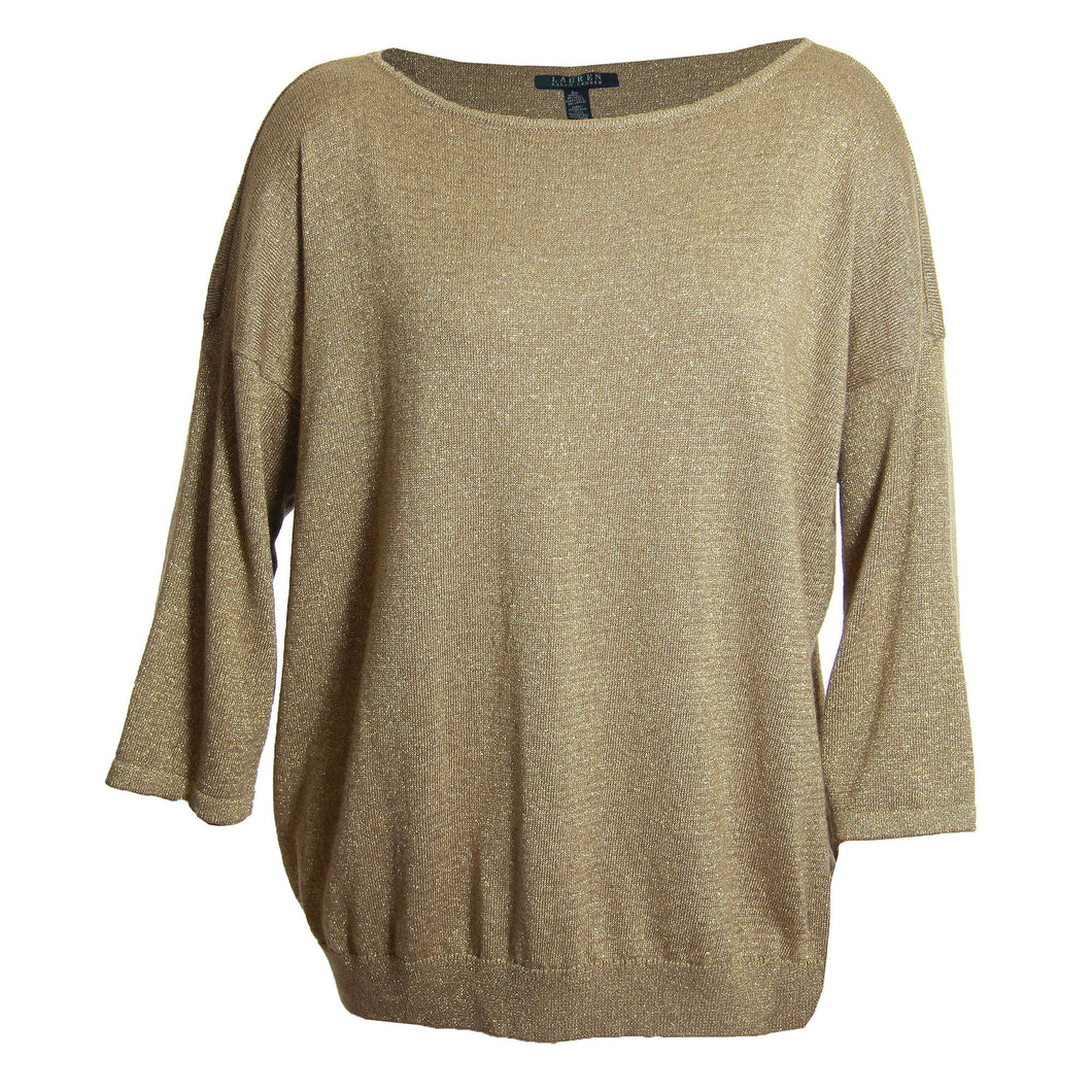 Ralph Lauren Gold Lurex Shimmer 3/4 Sleeve Wool Blend Pull Over Sweater