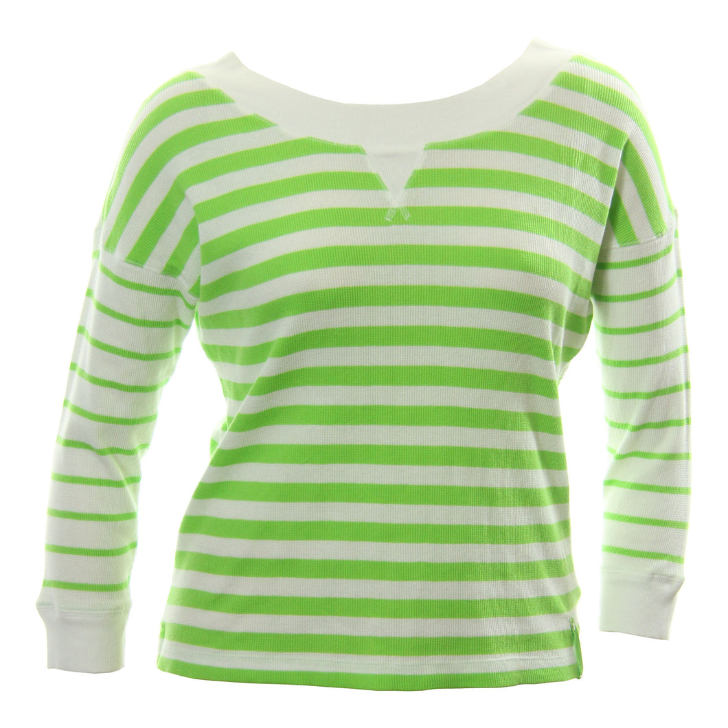 Ralph Lauren Green & White Striped Long Sleeve Waffle Knit Top Shirt