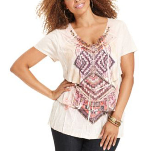 Style & Co Multi Color Print Short Sleeve Tiered Studded Top Plus Size