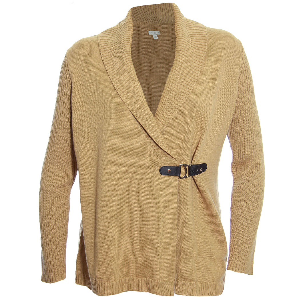 Charter Club Beige Long Sleeve Faux Leather Detail Cardigan Sweater