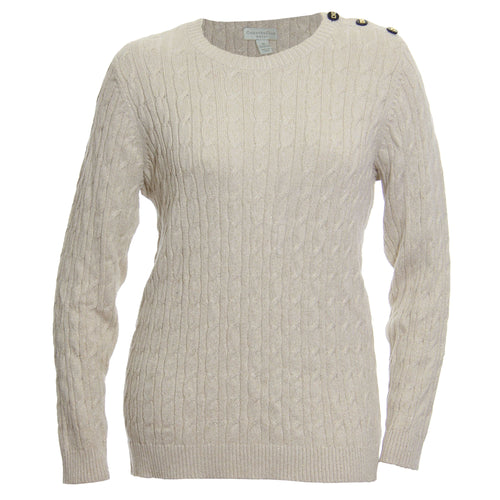 Charter Club Ivory Shimmer Long Sleeve Button Detail Cable Knit Sweater
