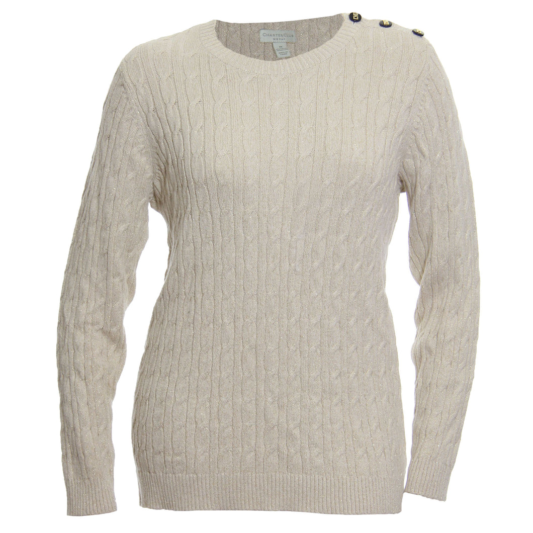 Charter Club Ivory Shimmer Long Sleeve Button Detail Cable Knit Sweater