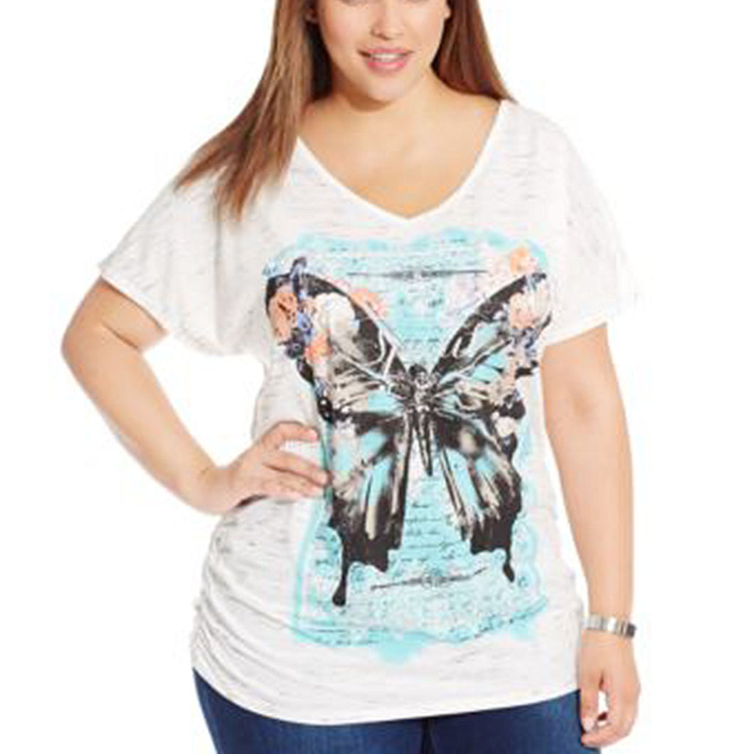 Style & Co Multi Color Butterfly Print Short Sleeve Shirt Plus Size