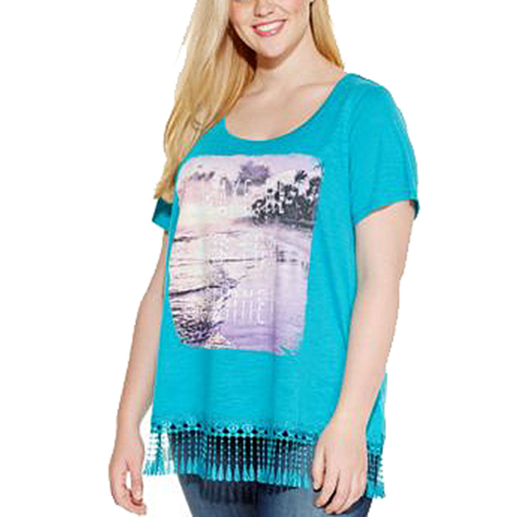 Style & Co Blue Short Sleeve Fringe Trim Graphic Shirt Plus Size