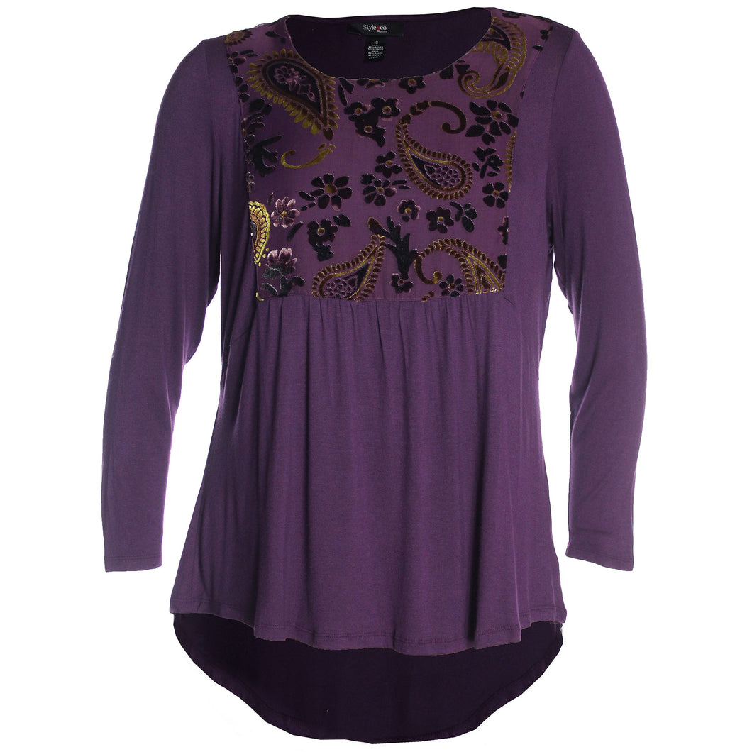 Style & Co. Purple Long Sleeve Mixed Media Burnout Top
