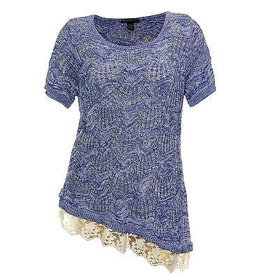 INC Blue Short Sleeve Aysemmetric Lace Hem Open Weave Sweater
