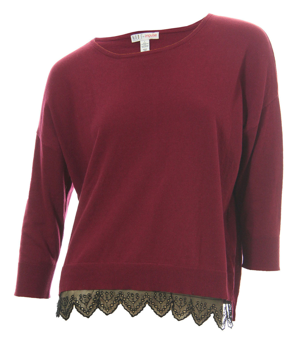Made for Impulse Burgundy Long Sleeve Black Lace Trim Knit Top
