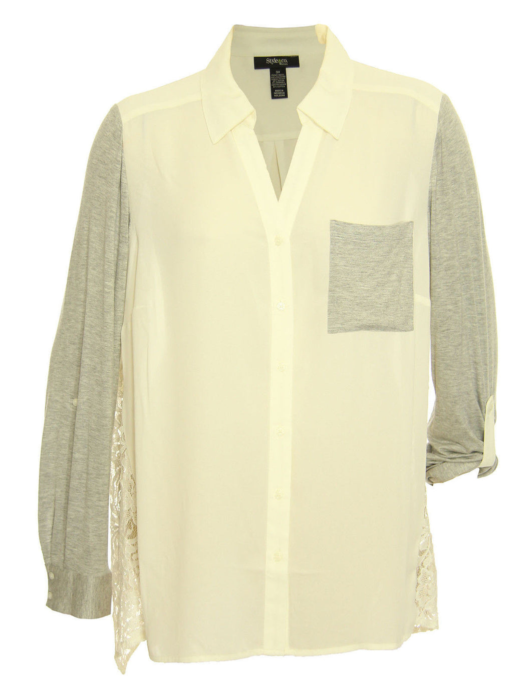 Style & Co Ivory Long Sleeve Mixed Fabric Button Down Shirt