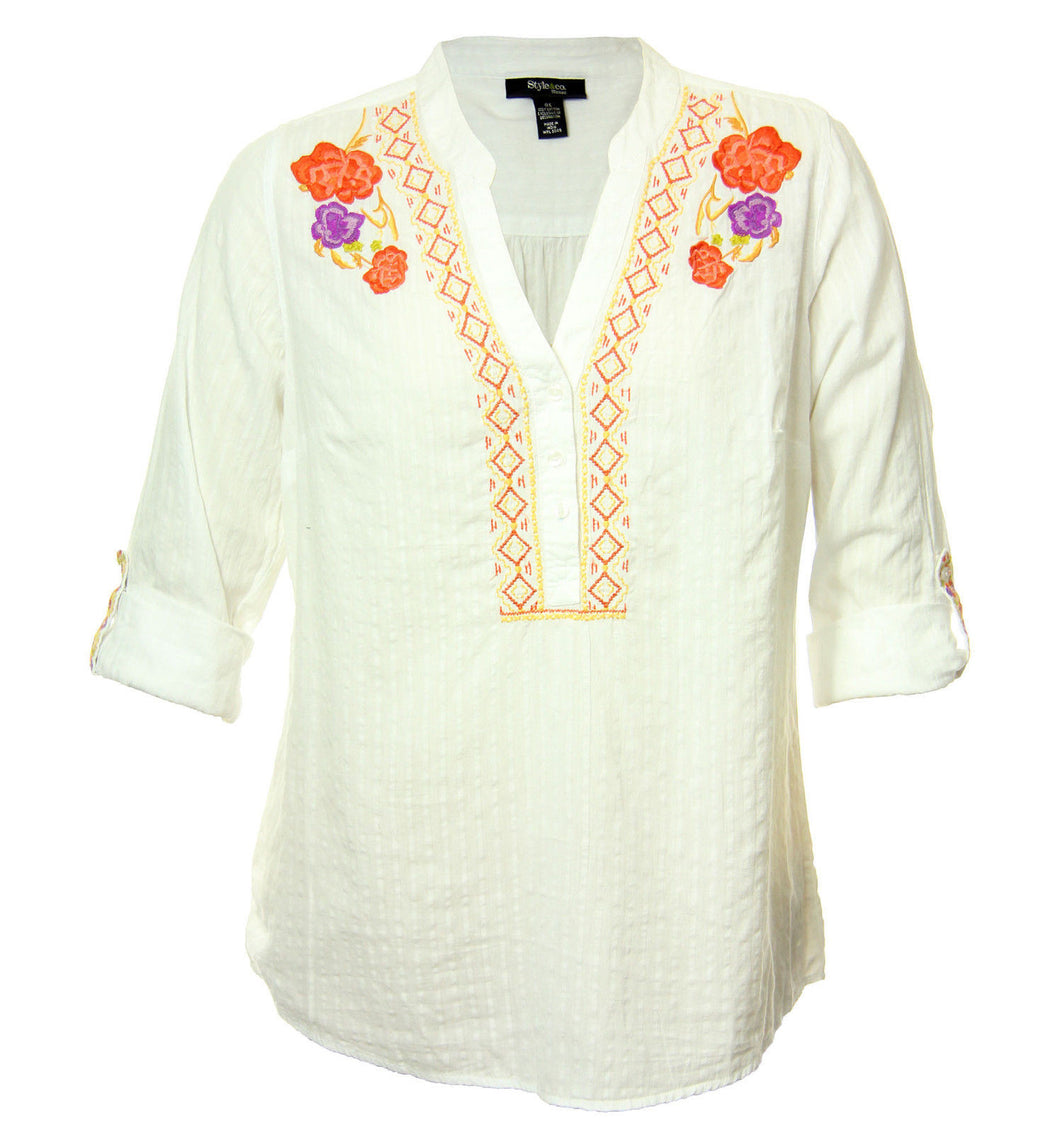 Style & Co White Convertible Sleeve Button Front Embroidered Tunic