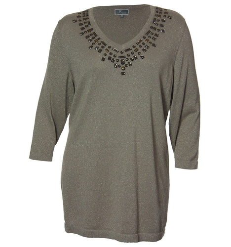 JM Collection Beige 3/4 Sleeve Beaded Pull Over Sweater