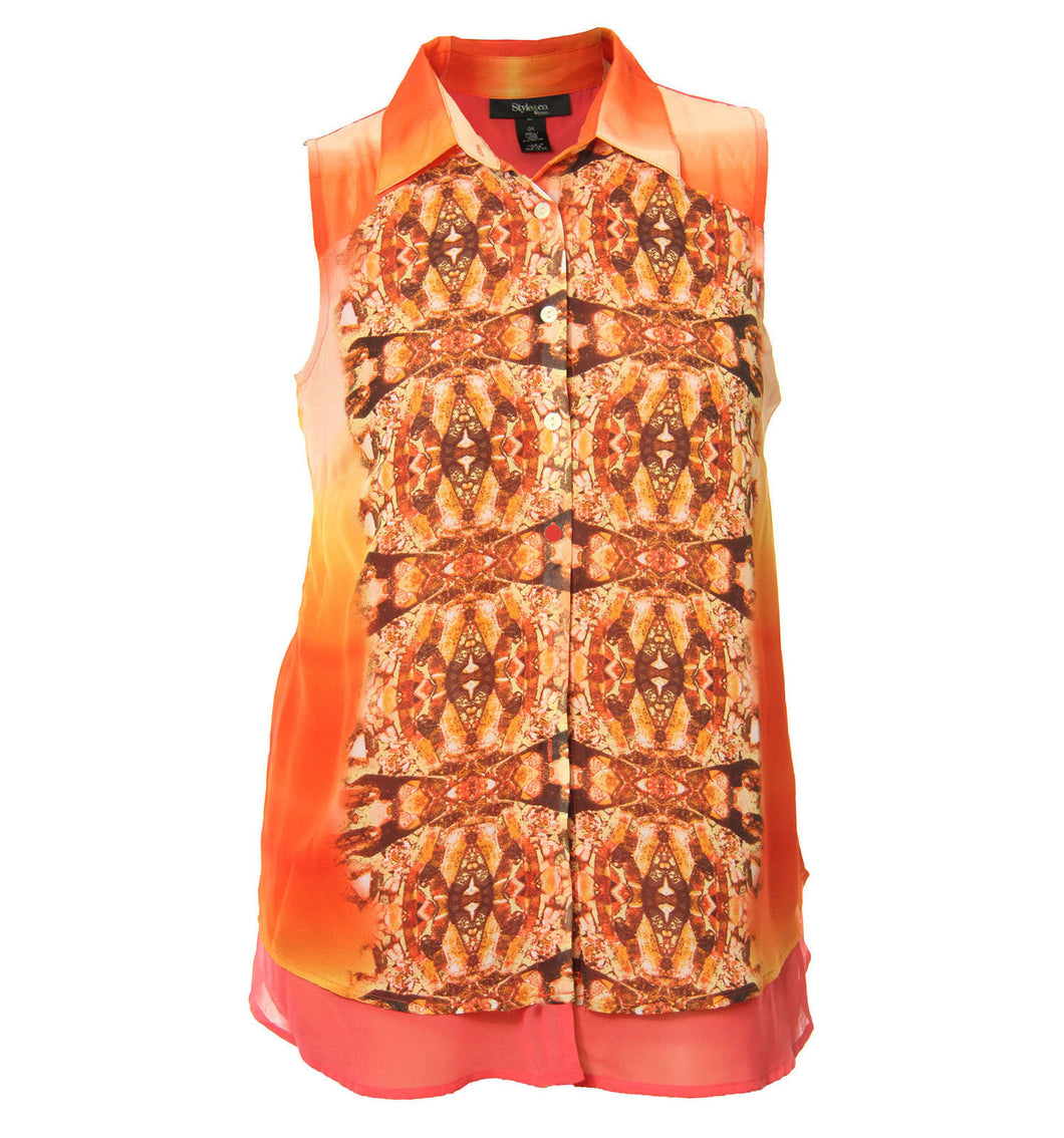 Style & Co Multi Color Print Sleeveless Button Down Chiffon Shirt
