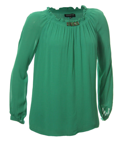 Jones New York Green Long Sleeve Jewel Embellished Blouse