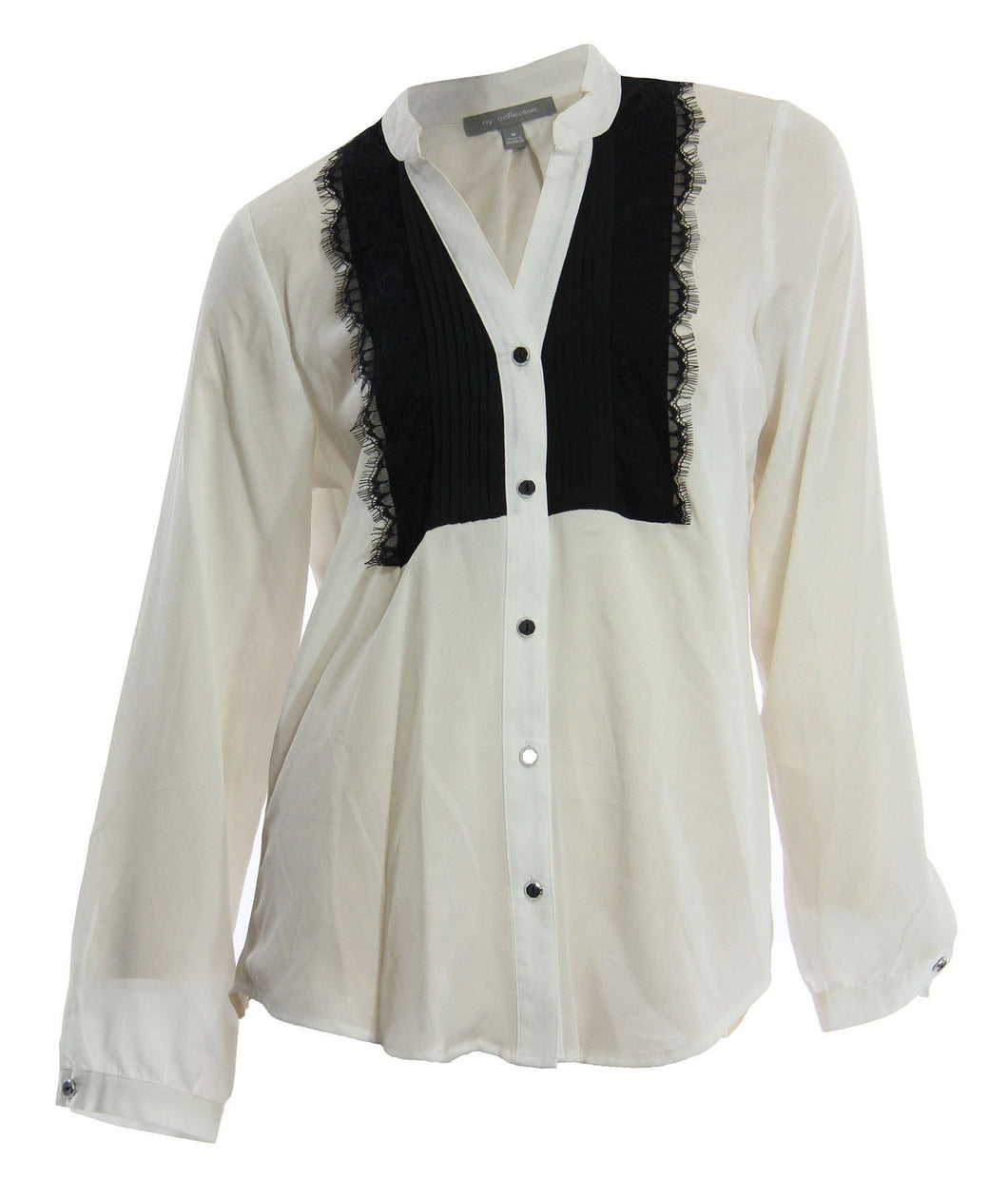 NY Collection White Long Sleeve Lace Bib Front Button Down Shirt