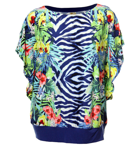 JM Collection Multi Color Floral Animal Short Sleeve Knit Top