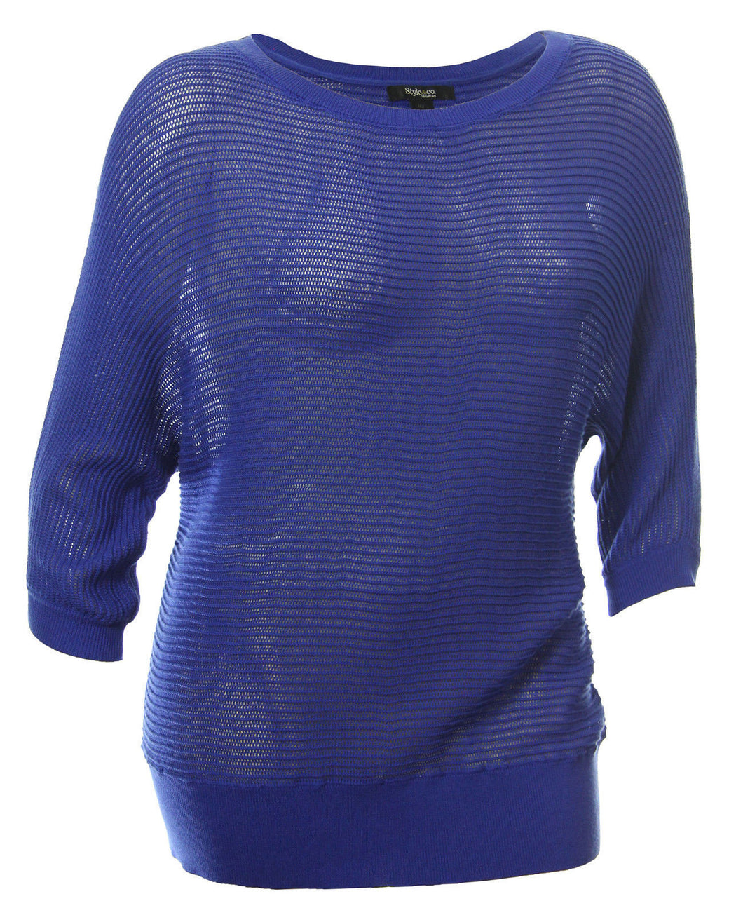 Style & Co Blue 3/4 Sleeve Boat Neck Pointelle Open Weave Knit Top