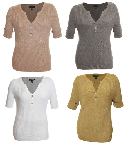 INC Short Cuffed Sleeve Ribbed Henley Knit Top