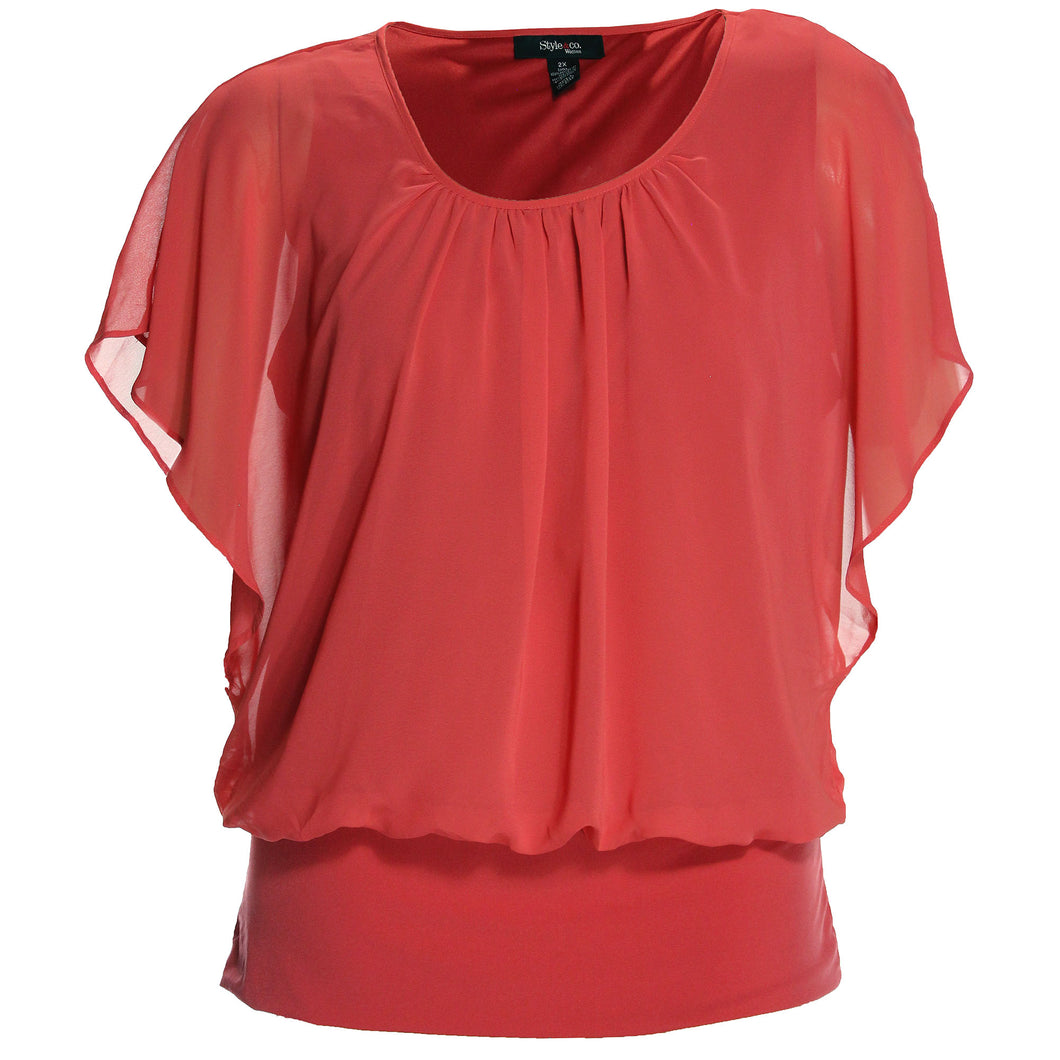 Style & Co Pink Flutter Sleeve Banded Chiffon Blouse