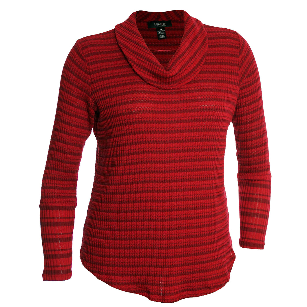 Style & Co Red Solid or Striped Long Sleeve Waffle Knit Cowl Neck Shirt