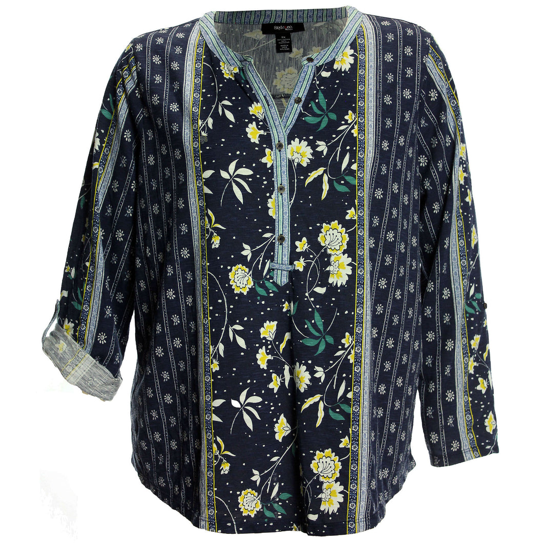 Style & Co Multi Color Floral Print 3/4 Sleeve Shirt