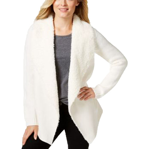 Charter Club White Long Sleeve Faux Fur Trim Cardigan Sweater