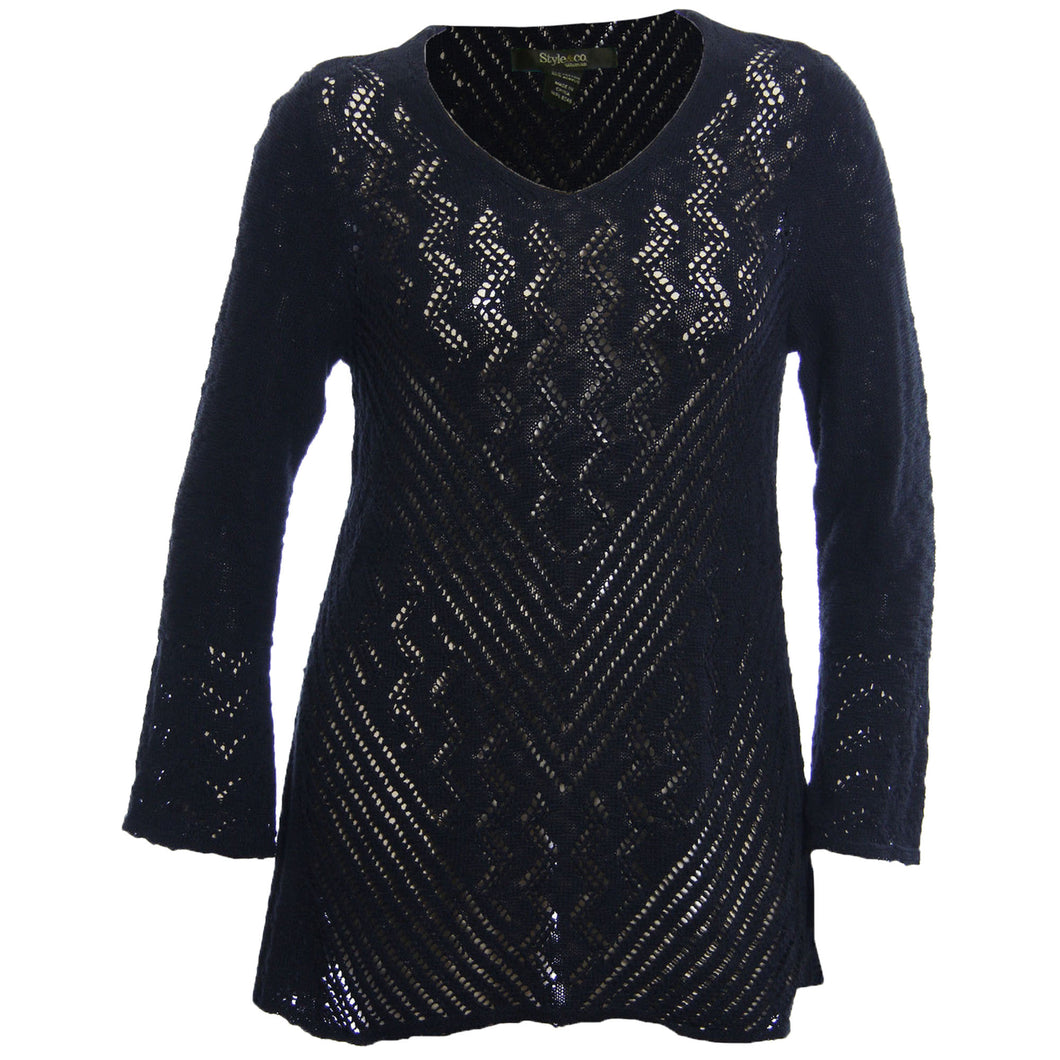 Style & Co Long Sleeve V-Neck Open Weave Pointelle Sweater