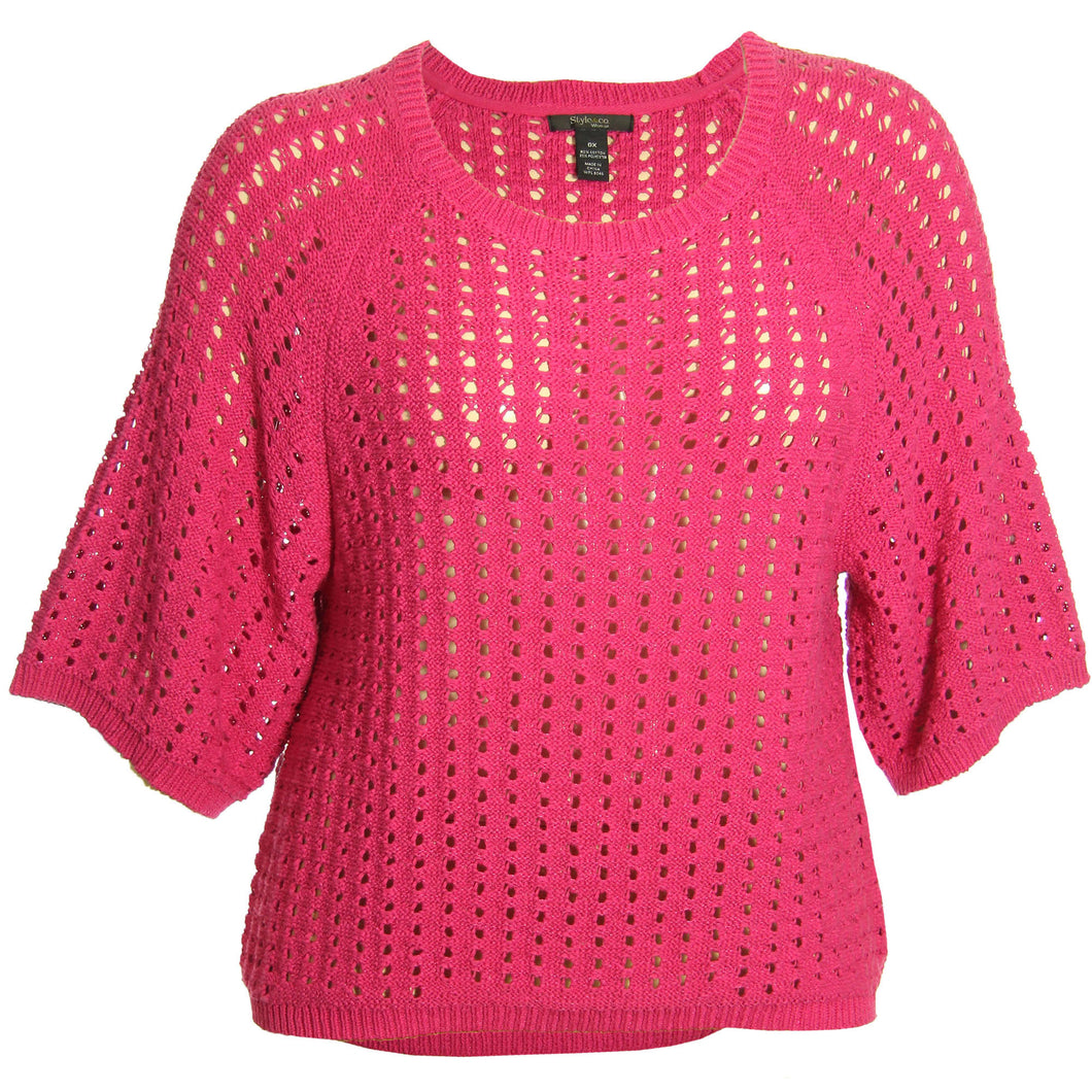 Style & Co Pink 3/4 Sleeve Scoop Neck Open Weave Pointelle Sweater