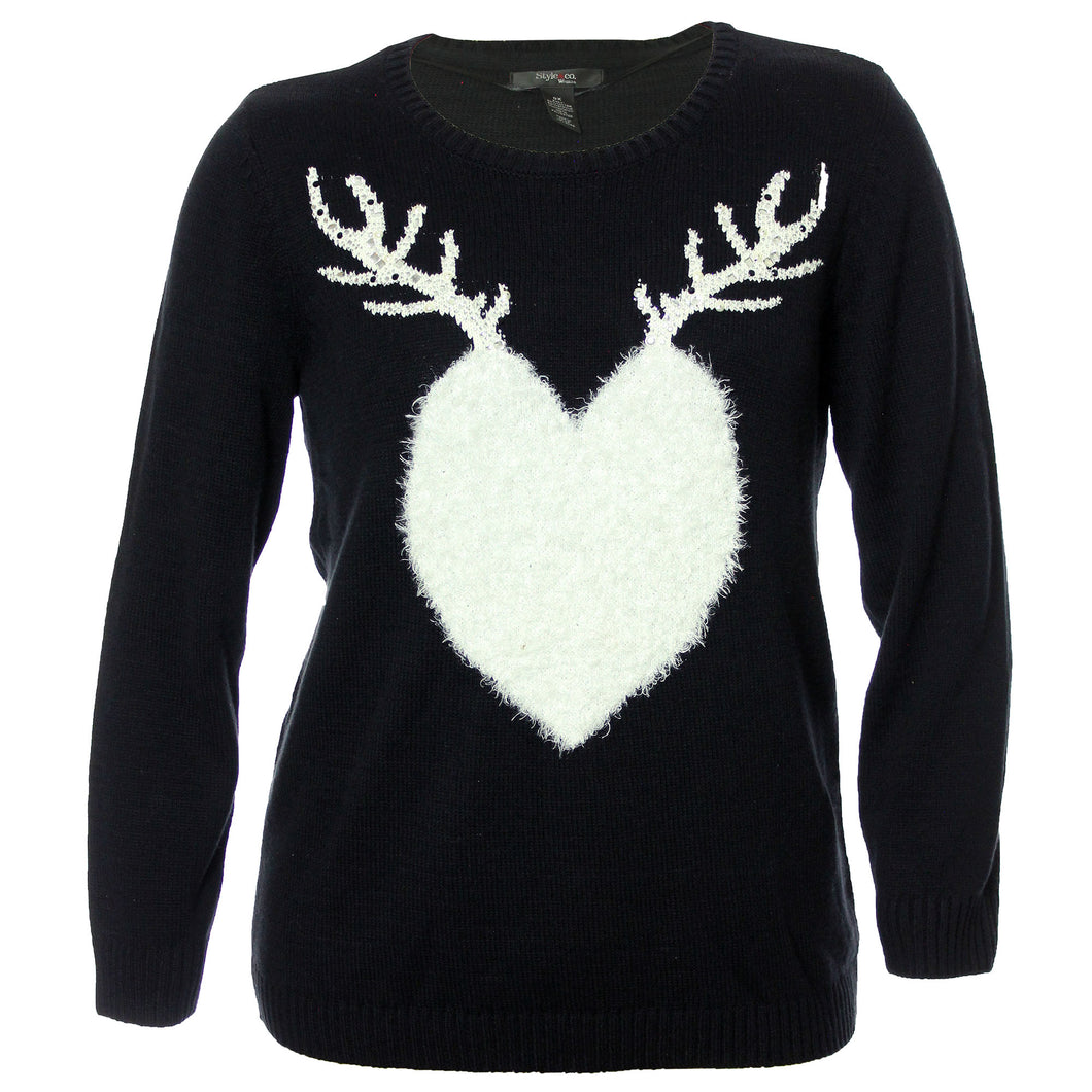 Style & Co Black Long Sleeve w/ White Embellished Fluffy Reindeer Sweater